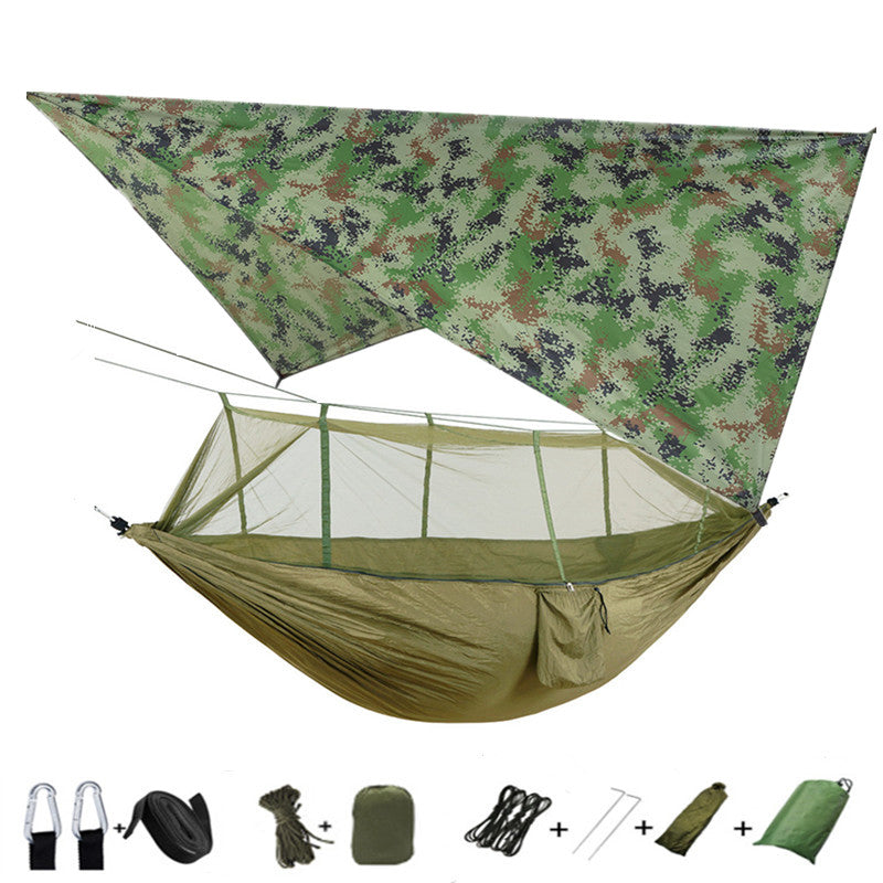 Outdoor Parachute Cloth Hammock Couble with Mosquito Net Light Portable Army Green Insect-proof Camping Aerial Tent