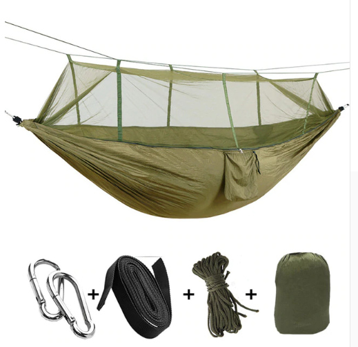 Outdoor Parachute Cloth Hammock Couble with Mosquito Net Light Portable Army Green Insect-proof Camping Aerial Tent